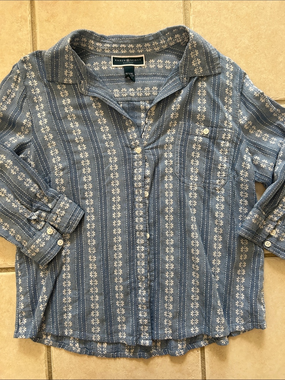 Karen Scott Petites Blue White Floral Stripe Casual Button-Down Shirt